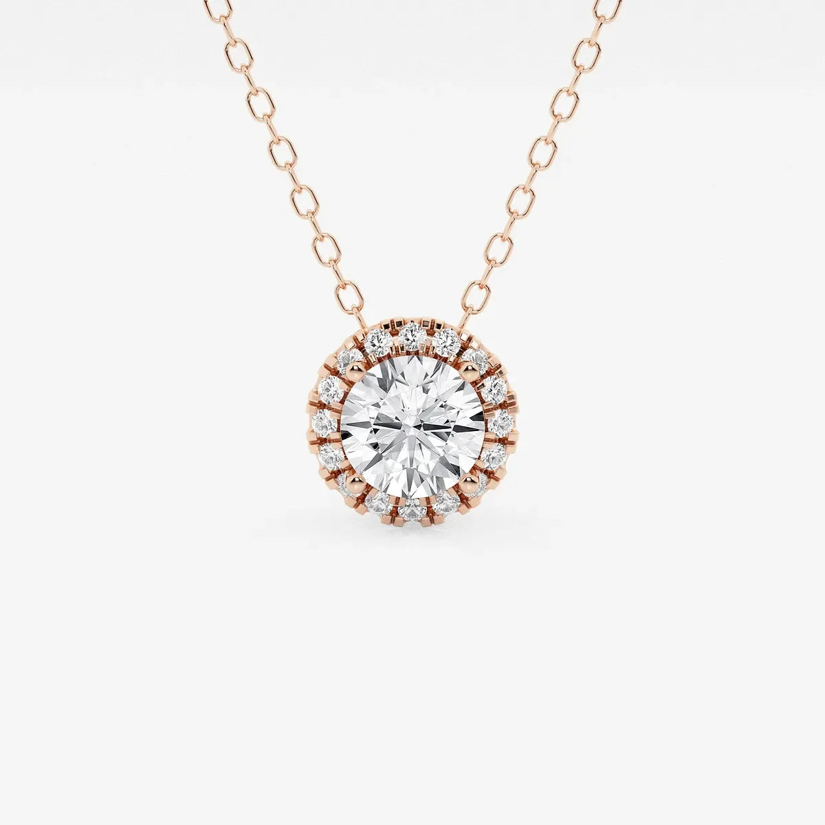 Rose gold halo pendant necklace with round lab grown diamonds from Delux Jewelry