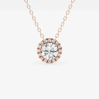 Rose gold halo pendant necklace with round lab grown diamonds from Delux Jewelry
