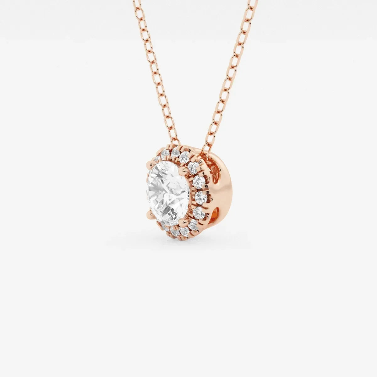 Rose gold necklace with round lab grown diamond halo pendant by Delux Jewelry