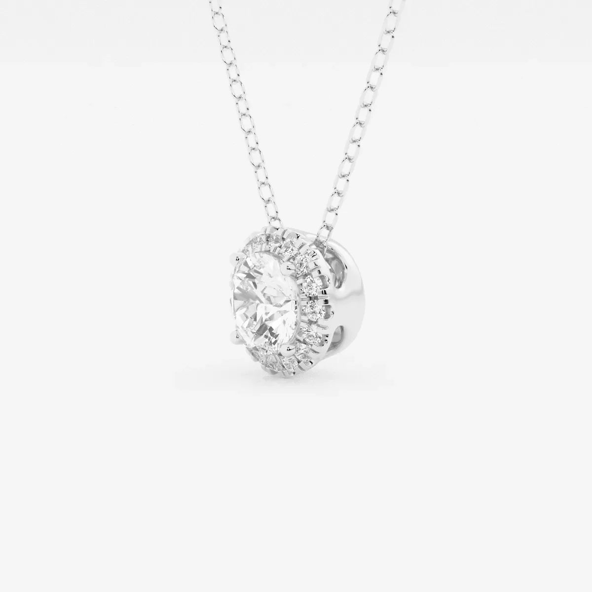 Round lab grown diamond halo pendant in white gold on fine chain from Delux Jewelry
