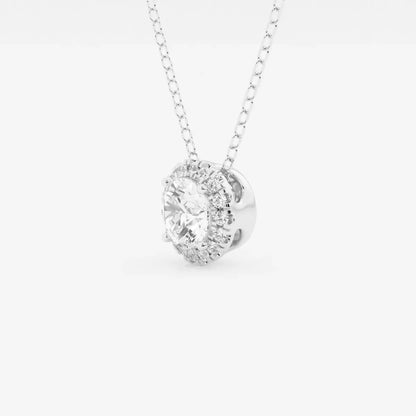 Round lab grown diamond halo pendant in white gold on fine chain from Delux Jewelry