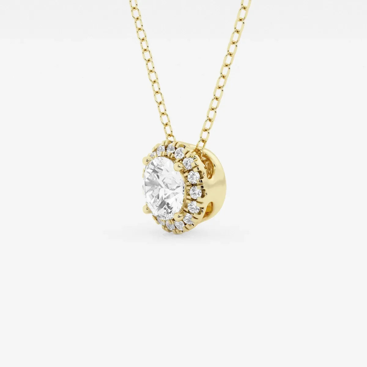 Round lab grown diamond halo pendant in yellow gold on chain, Delux Jewelry