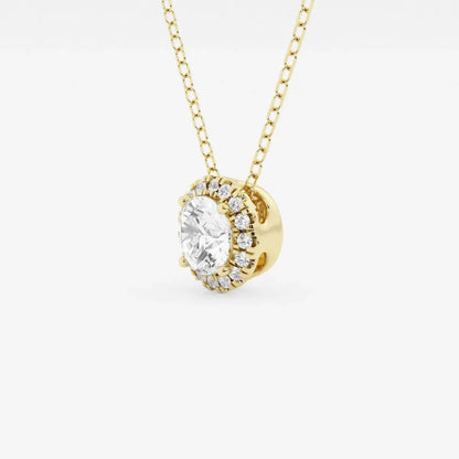 Round lab grown diamond halo pendant in yellow gold on chain, Delux Jewelry