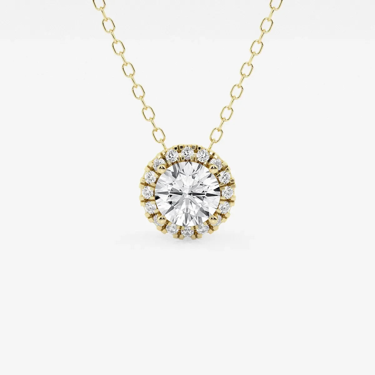 Round lab grown diamond halo pendant in yellow gold on chain, Delux Jewelry fine jewelry