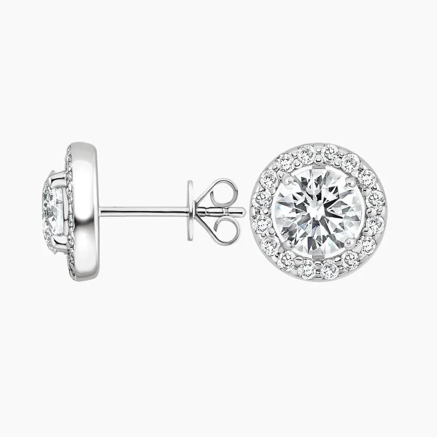 Lab grown diamond halo stud earrings in 14K white gold, side and front view, Delux Jewelry