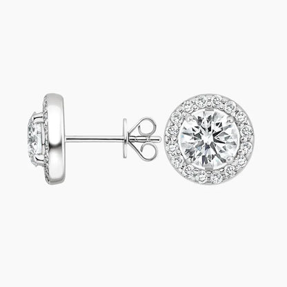 Lab grown diamond halo stud earrings in 14K white gold, side and front view, Delux Jewelry