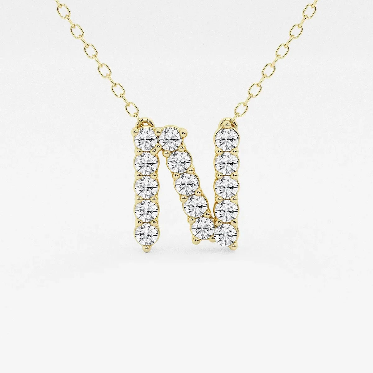 Yellow gold necklace with diamond letter N pendant, lab grown diamonds by Delux Jewelry