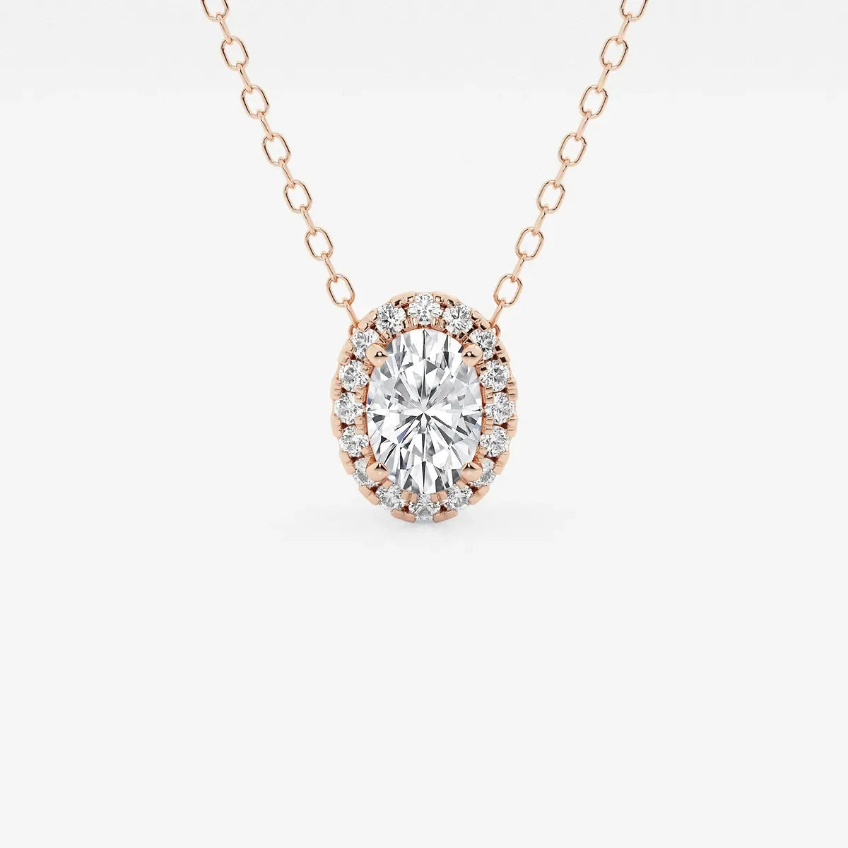Oval rose gold pendant halo necklace with lab grown diamonds from Delux Jewelry