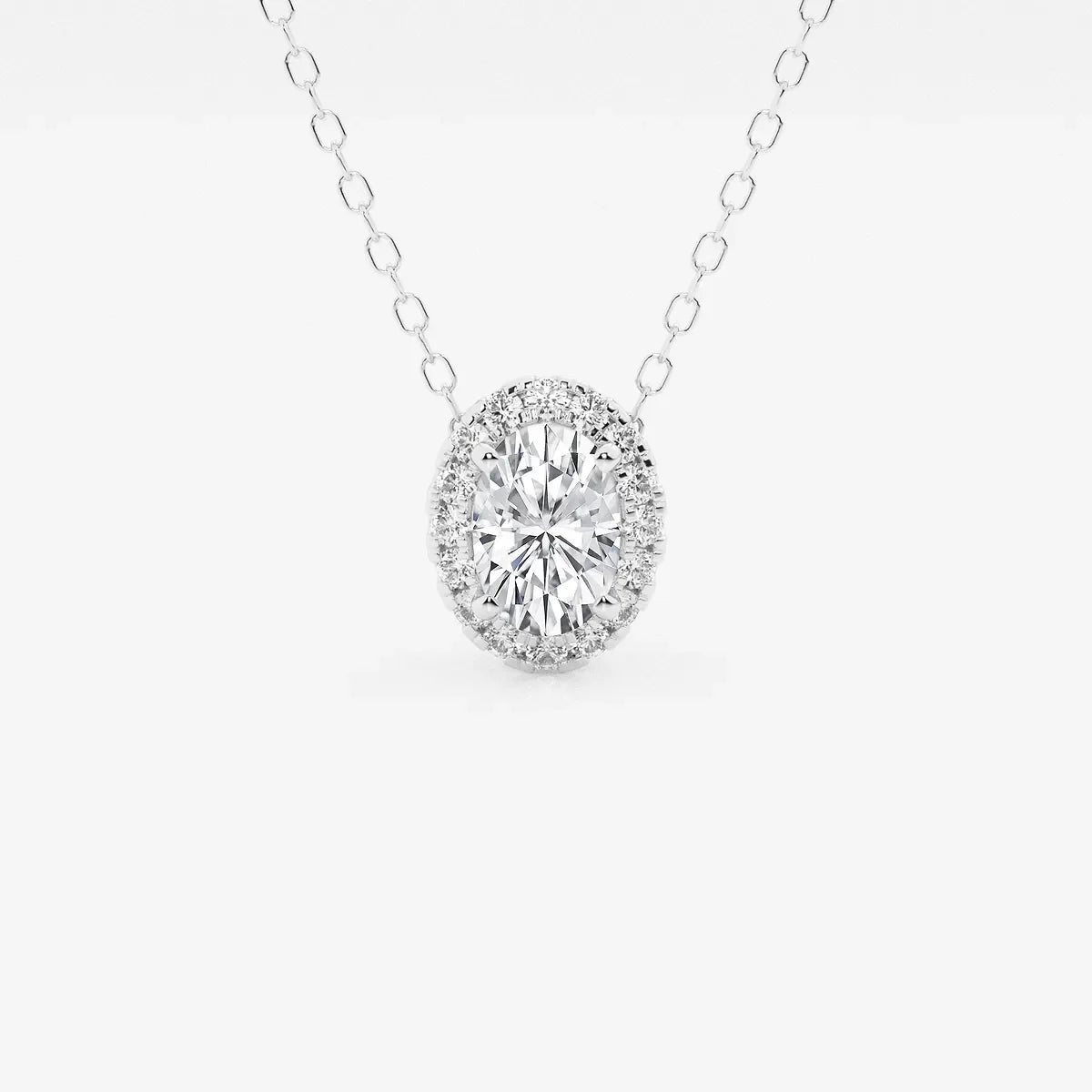 Oval lab grown diamond halo pendant necklace in white gold on plain chain, Delux Jewelry