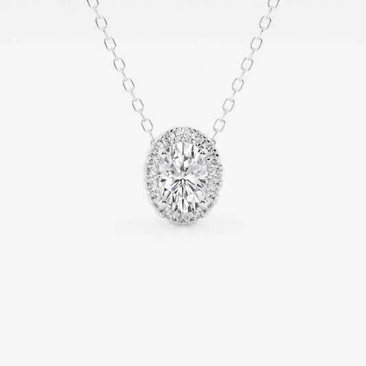 Oval lab grown diamond halo pendant necklace in white gold on plain chain, Delux Jewelry