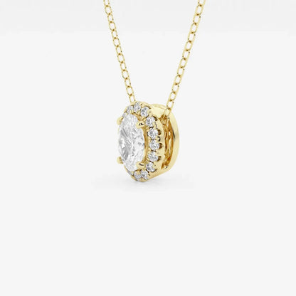 Oval lab grown diamond halo pendant in yellow gold on chain, Delux Jewelry