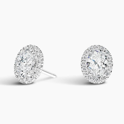 Oval halo lab diamond stud earrings in 14K white gold, fine jewelry by Delux Jewelry