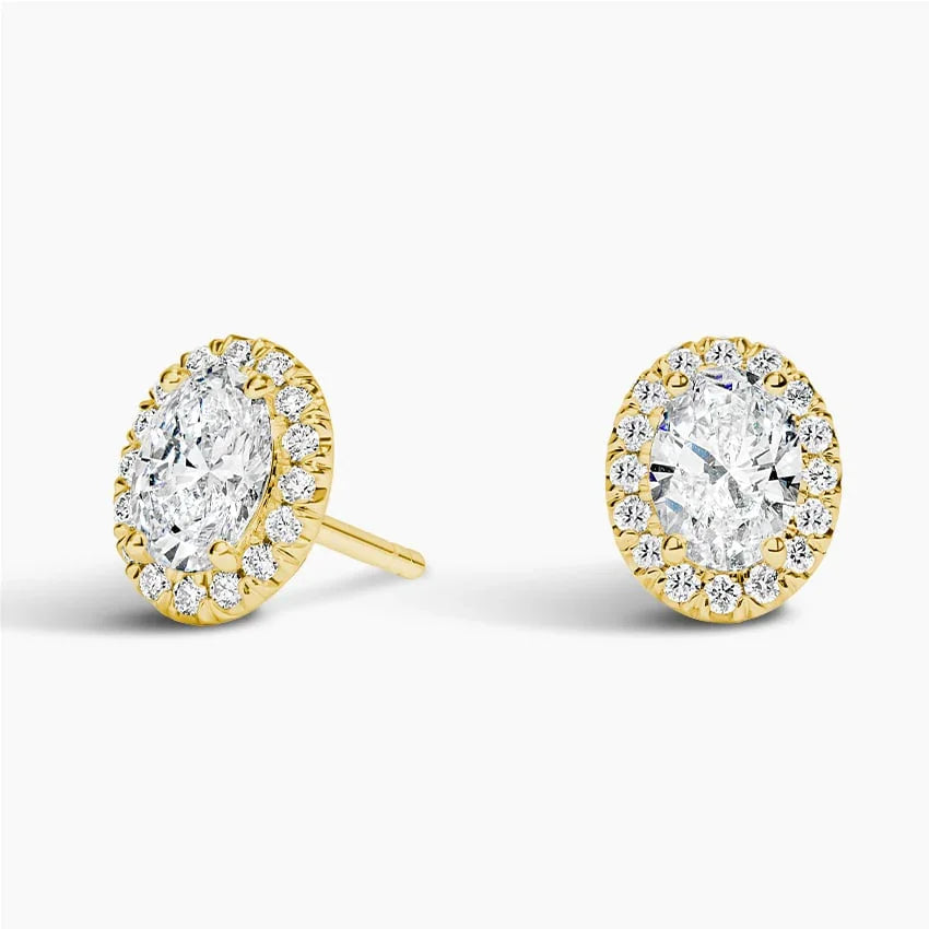 Oval halo lab diamond stud earrings in 14K yellow gold, front view, Delux Jewelry