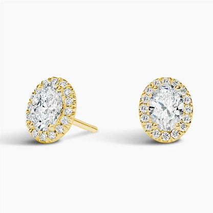 Oval halo lab diamond stud earrings in 14K yellow gold, front view, Delux Jewelry