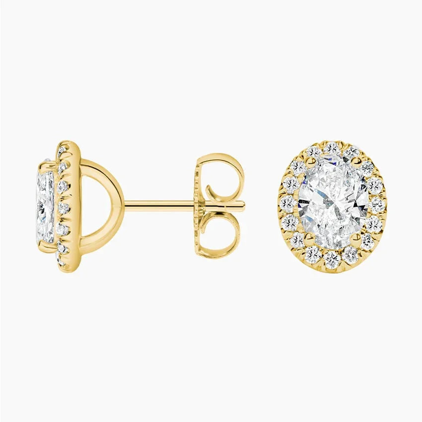 Oval halo lab diamond stud earrings in 14K yellow gold, side and front view, Delux Jewelry