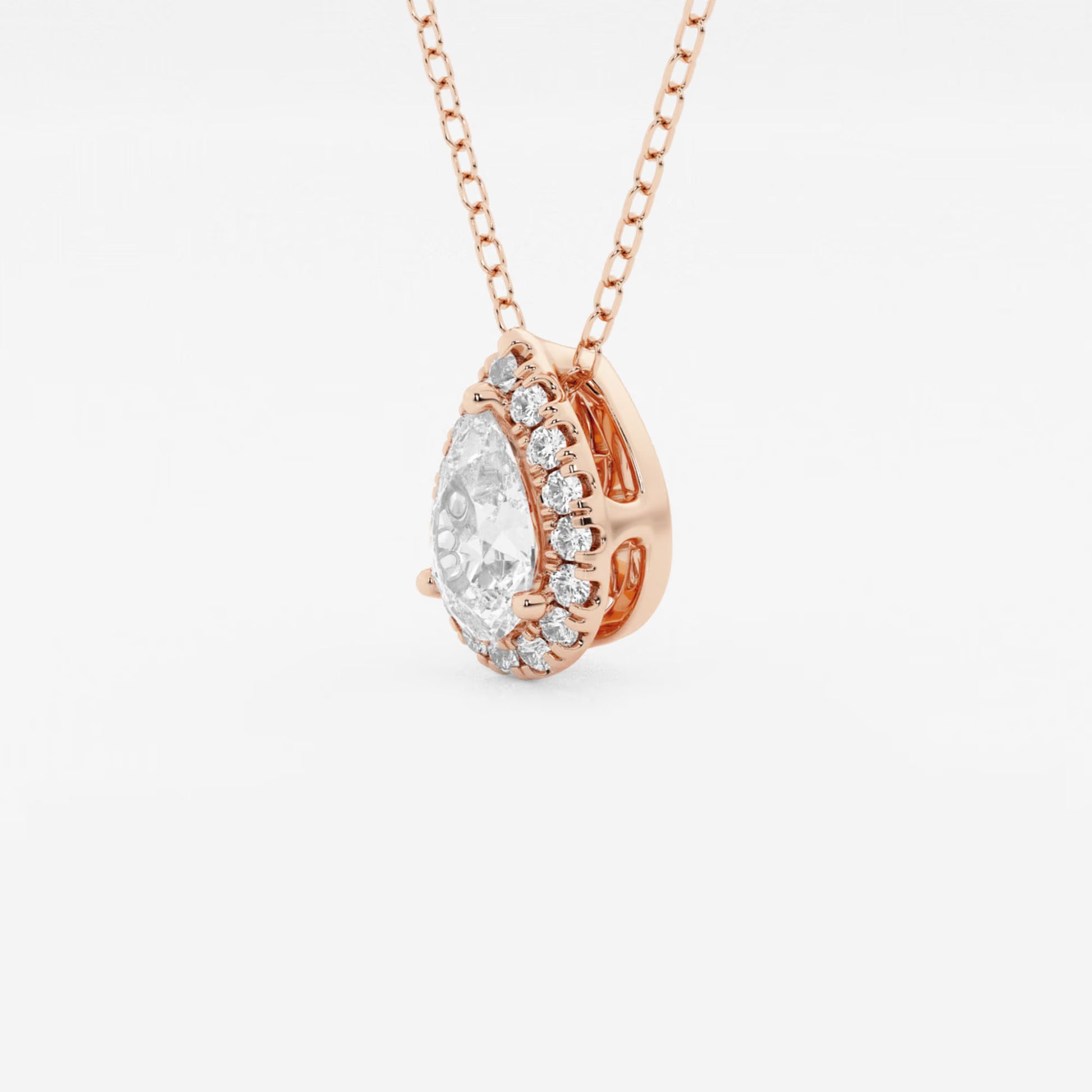 Rose gold pear halo pendant with lab grown diamonds on chain, Delux Jewelry