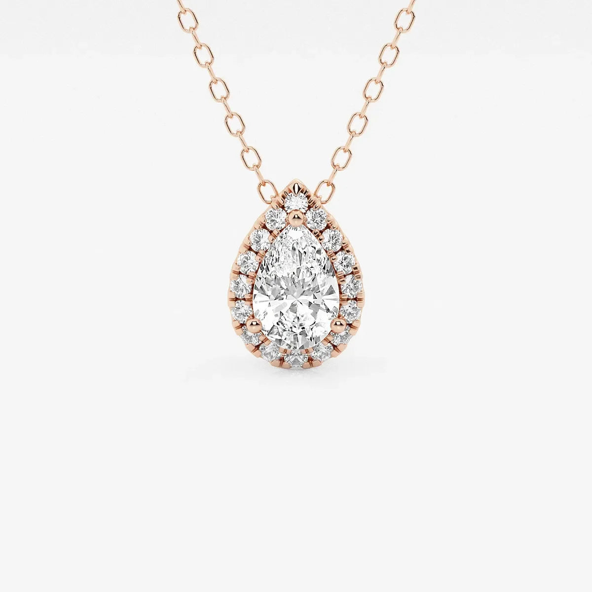 Pear-shaped lab grown diamond halo pendant in rose gold on chain, Delux Jewelry