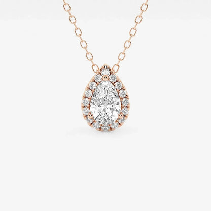 Pear-shaped lab grown diamond halo pendant in rose gold on chain, Delux Jewelry
