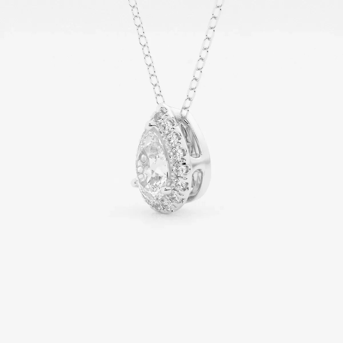 Pear halo lab grown diamond pendant in white gold on chain, Delux Jewelry