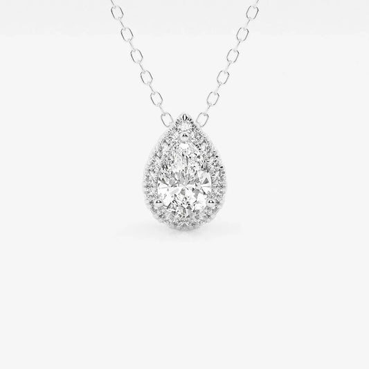 Pear halo lab diamond pendant necklace in white gold on delicate chain, Delux Jewelry