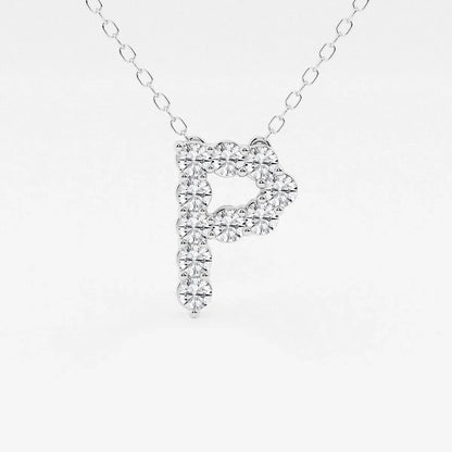 White gold pendant necklace shaped like the letter P with lab grown diamonds, Delux Jewelry