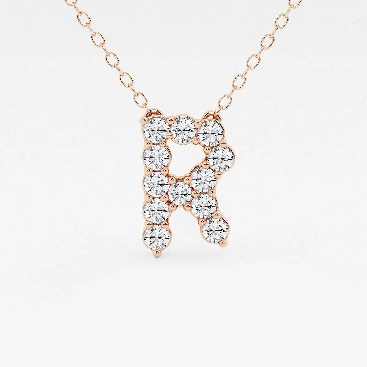 Rose gold necklace with letter R pendant made of lab grown diamonds, Delux Jewelry