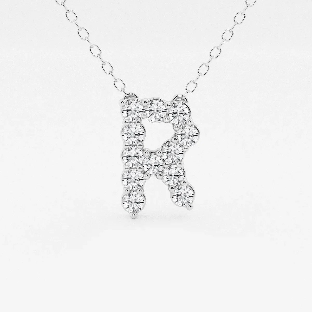 White gold letter R pendant necklace with lab grown diamonds by Delux Jewelry