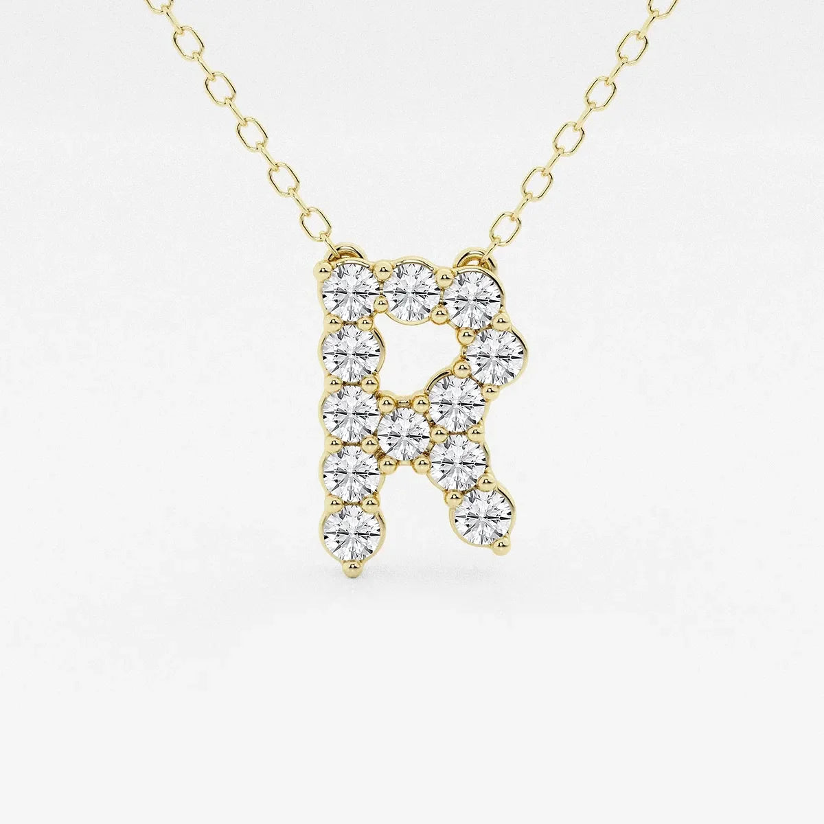Yellow gold necklace with letter R pendant featuring lab grown diamonds, Delux Jewelry