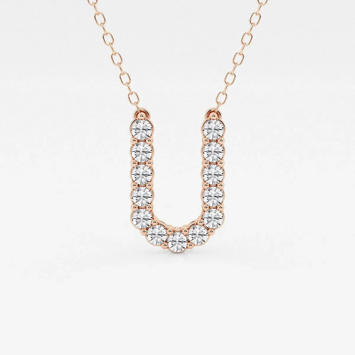 Rose gold U pendant necklace with lab grown diamonds on delicate chain, Delux Jewelry