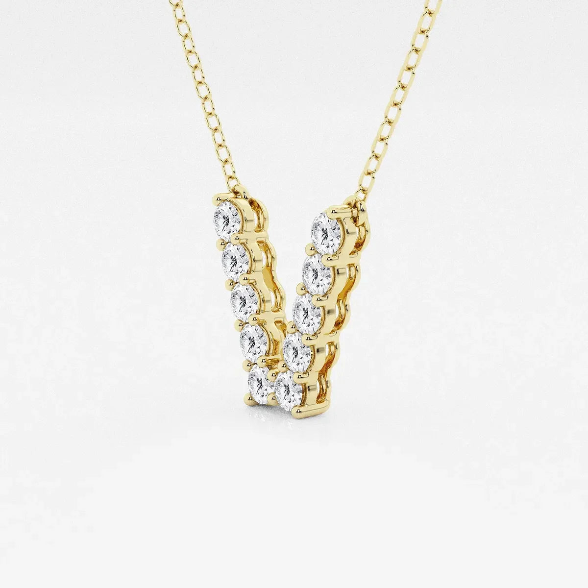 Yellow gold V pendant necklace with round lab grown diamonds on chain, Delux Jewelry