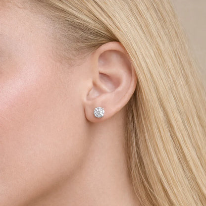 Woman wearing a lab grown diamond stud earring, Delux Jewelry fine jewelry closeup