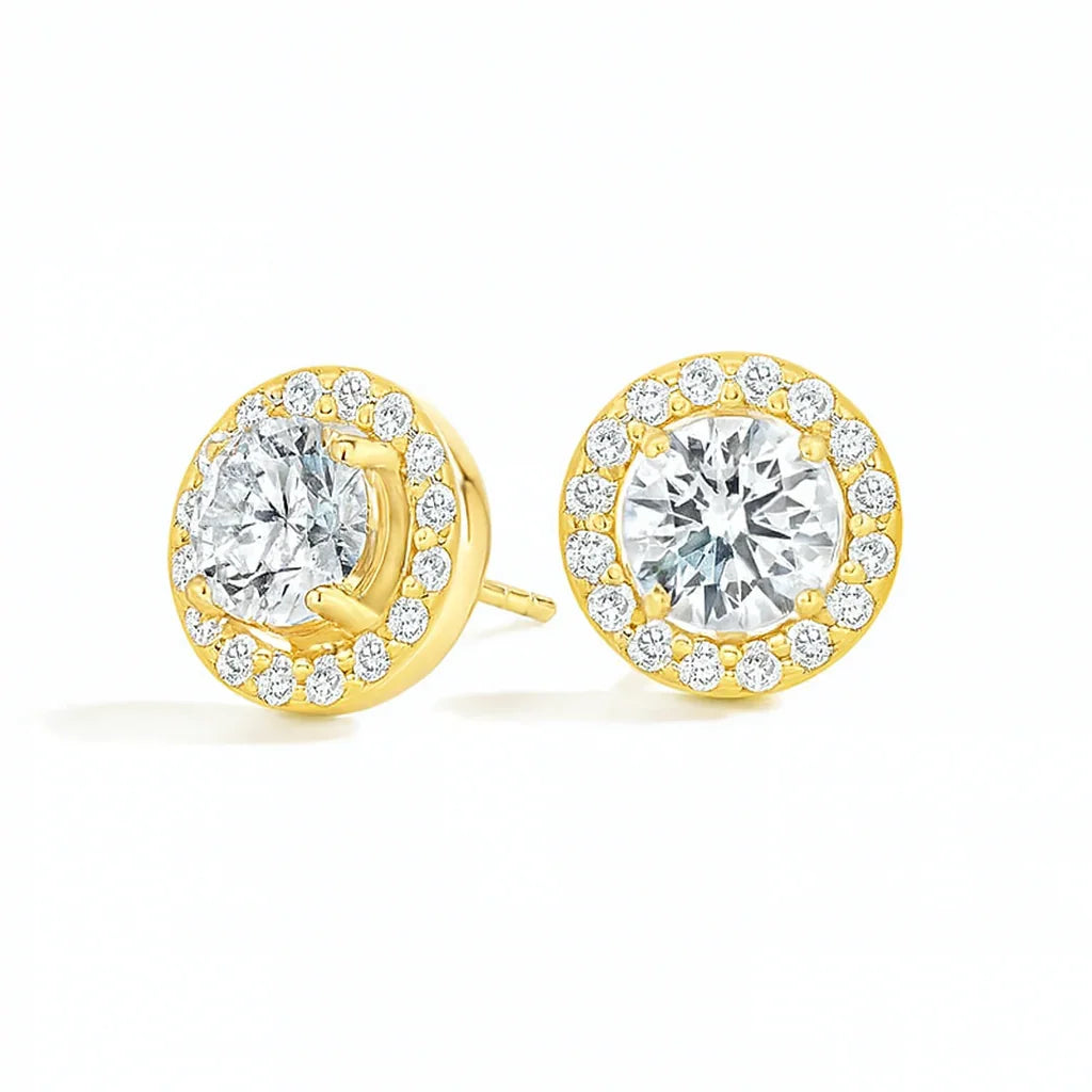 Gold lab diamond stud earrings with halo setting, fine jewelry by Delux Jewelry