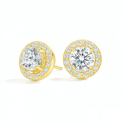 Gold lab diamond stud earrings with halo setting, fine jewelry by Delux Jewelry