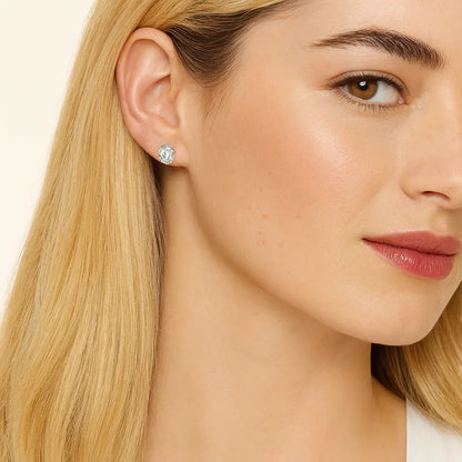 Woman wearing a lab grown diamond stud earring from Delux Jewelry